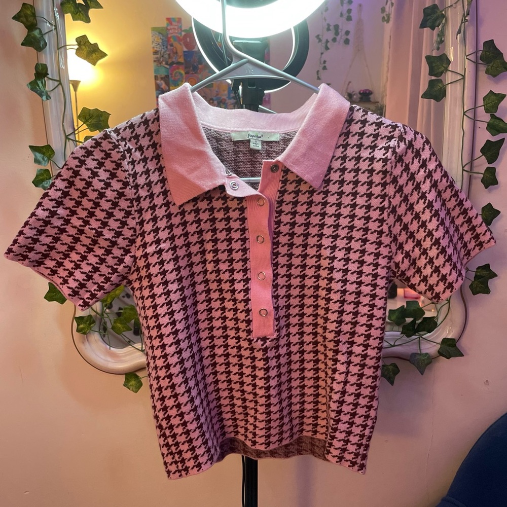Girls Brown & Pink Houndstooth Cotton Shirt
